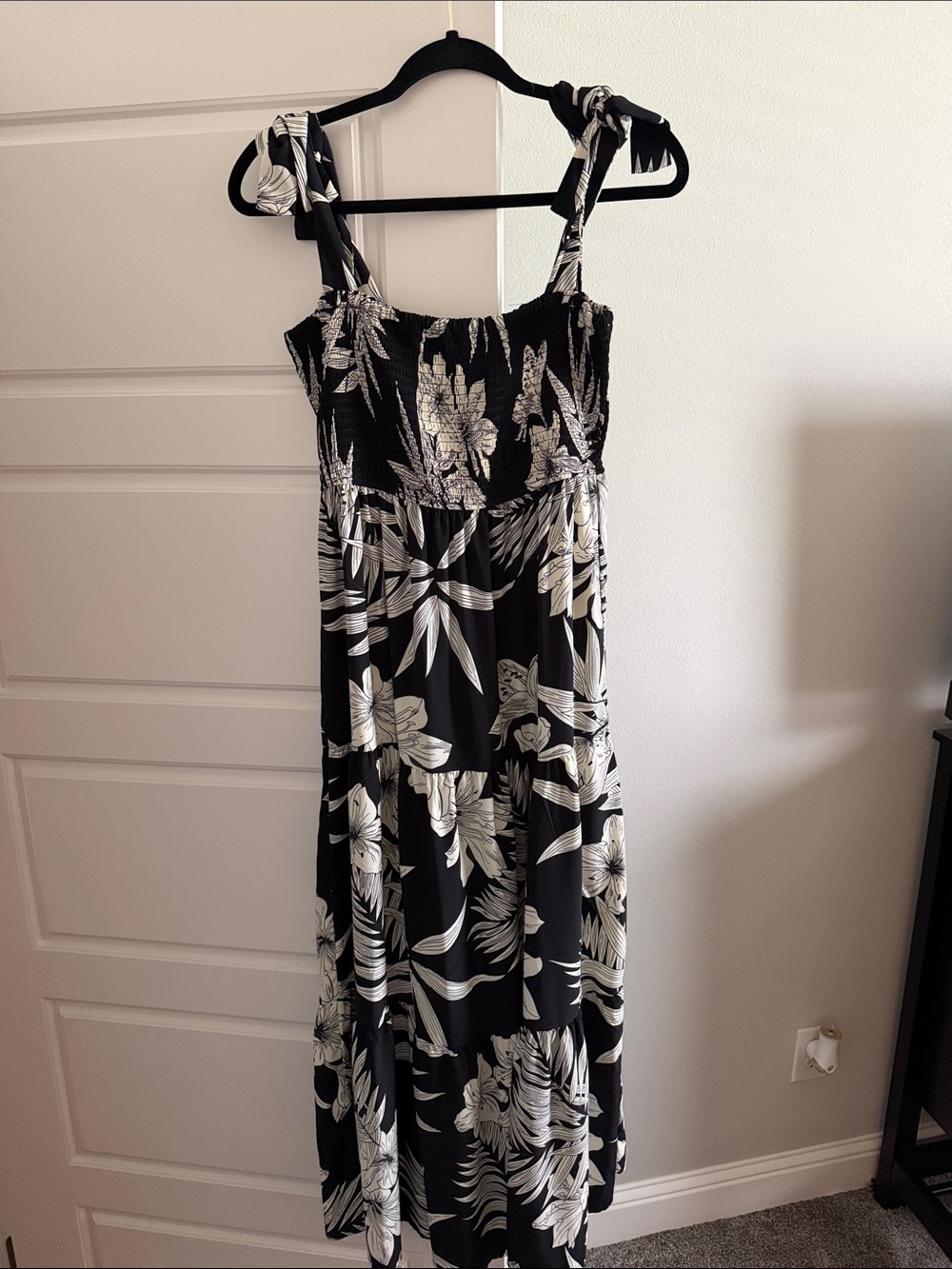 Crescent Black Maxi Dress with White Floral Print and Tie Straps